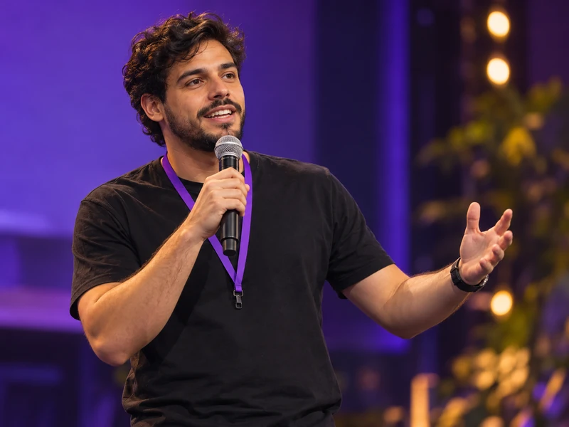Palestrante compartilhando conhecimento em um palco.