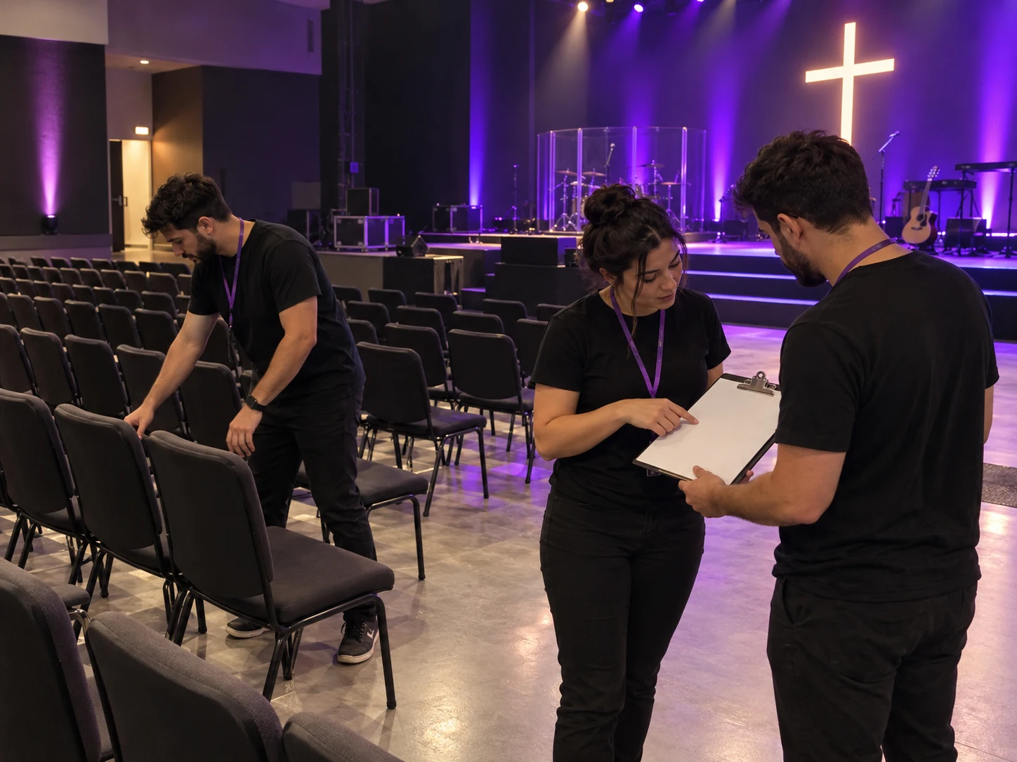 Cena ilustrativa de voluntários organizando cadeiras e conferindo uma prancheta.
