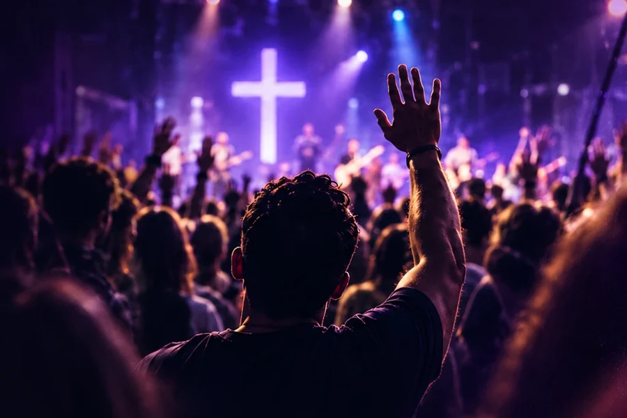 Pessoas em um evento, com as mãos erguidas diante do palco.